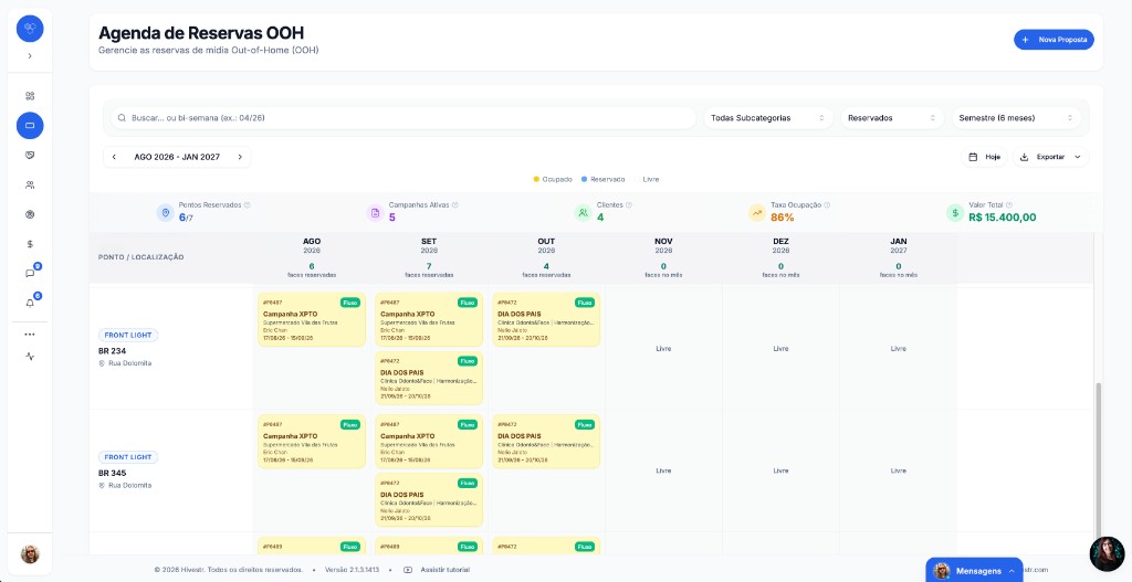 Agenda de reservas OOH com ocupação mês a mês